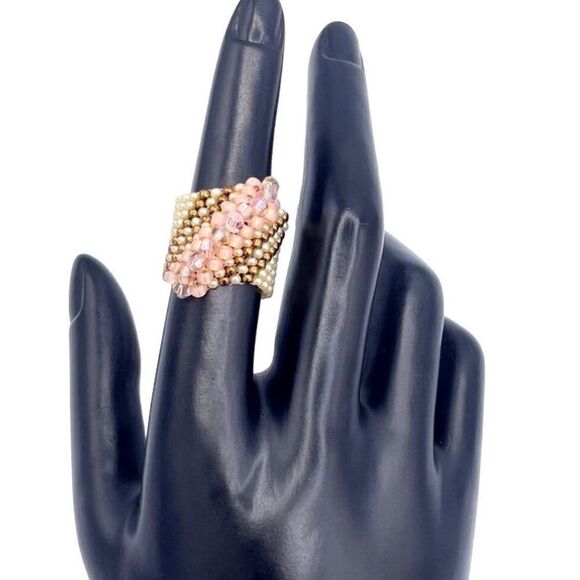 Cream with Bronze and Champagne Crystal Cellini Spiral Statement Ring Size 7 - Picture 6 of 6